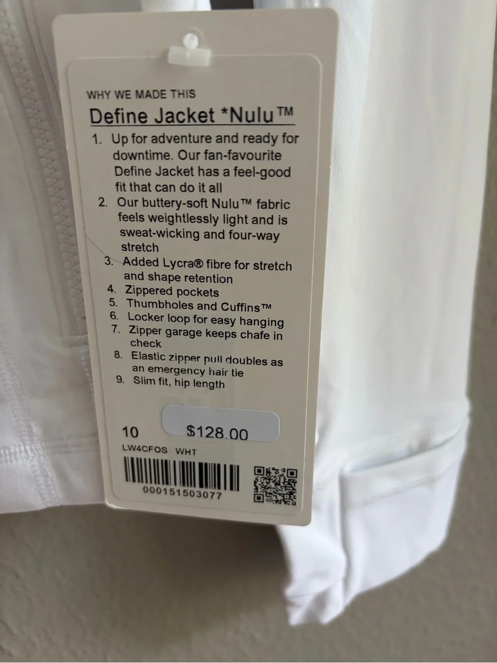 NWT Lululemon Define Women's White Full‑Zip Jacket. Size: 10